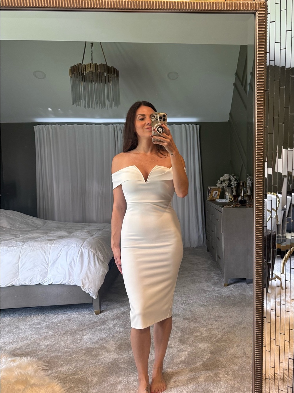Lulu's Off-Shoulder White Midi Bodycon Dress